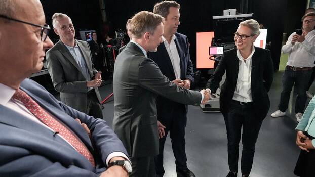 Parteivorsitzende bei der «Elefantenrunde» im Studio von RTL/NTV nach der Europawahl am 9. Juni 2024.