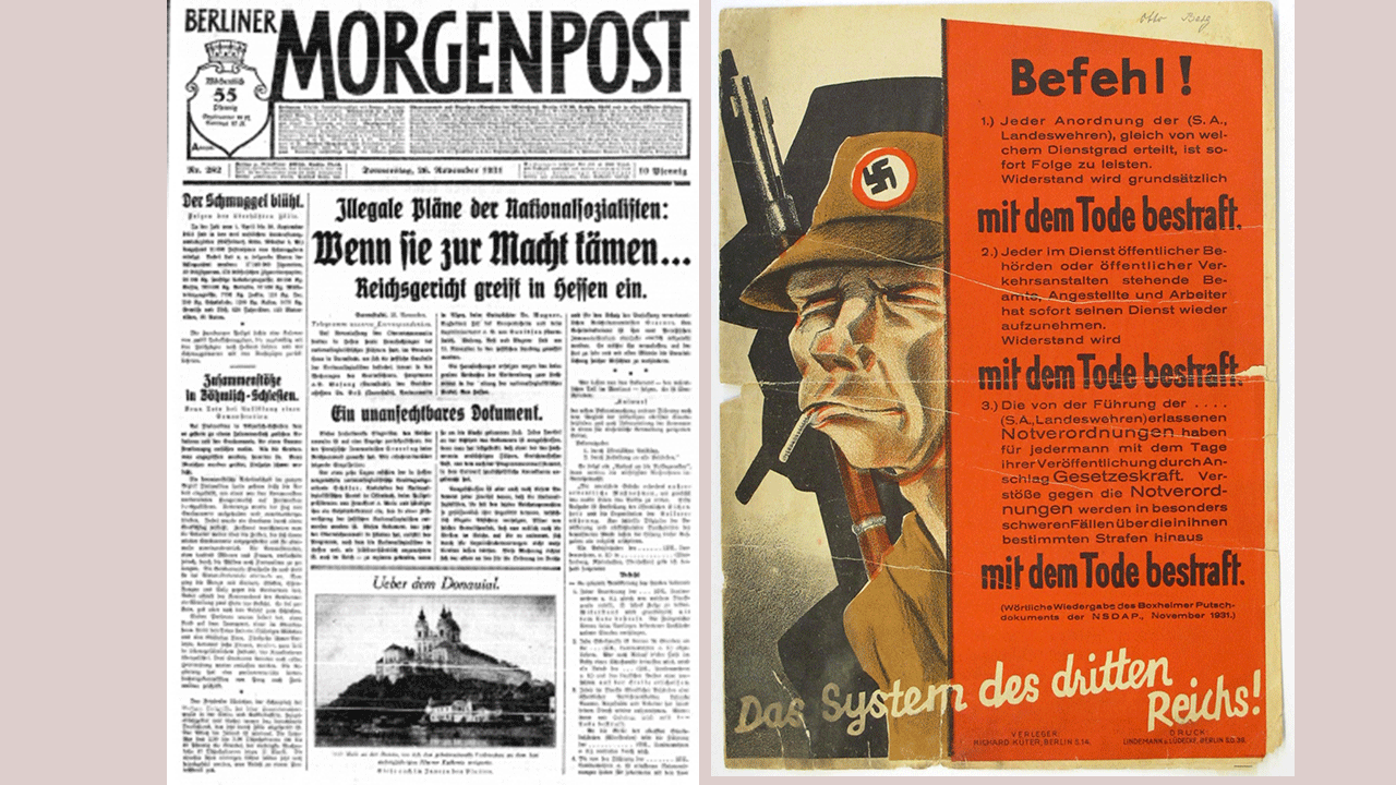 Links: Berliner Morgenpost, Ausgabe Ende Nov 1931 Rechts: SPD Flugschrift 1932